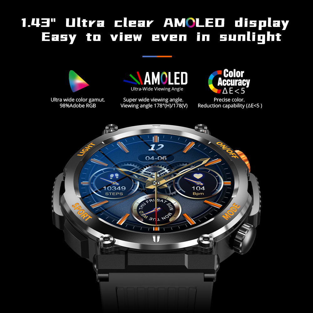 COLMI V68 1.43'' AMOLED Ekran Smartwatch 100 İdman Rejimləri Kompas Fənər Kişilər Hərbi Dərəcəli Sərtlik Sma (